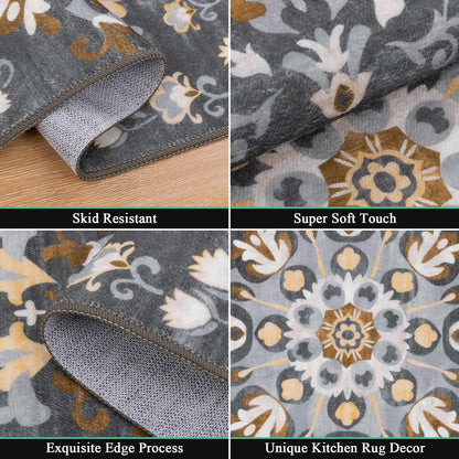 HEBE 3pcs Washable Kitchen Rug Set,Non-Slip Floral Boho Kitchen Mats Kitchen Runner Rug Floor Carpet 20"x32"+20"x48"+20"x59"