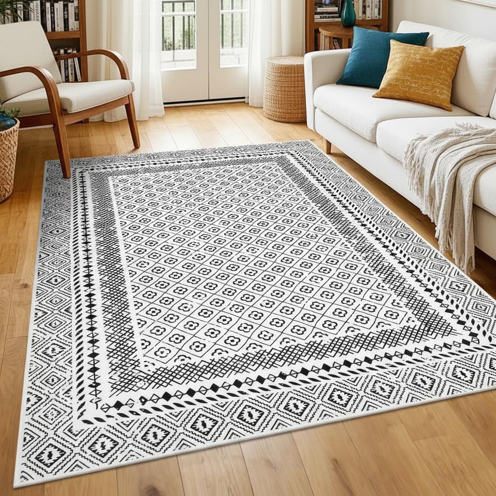 HEBE Living Room Rugs Soft Low Pile Non Slip Washable Area Rug Floor Mat for Bedroom Dining Room, Moroccan Geometric Bordered Rug