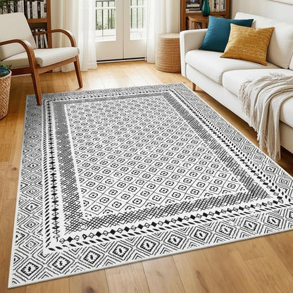 HEBE Living Room Rugs Soft Low Pile Non Slip Washable Area Rug Floor Mat for Bedroom Dining Room, Moroccan Geometric Bordered Rug