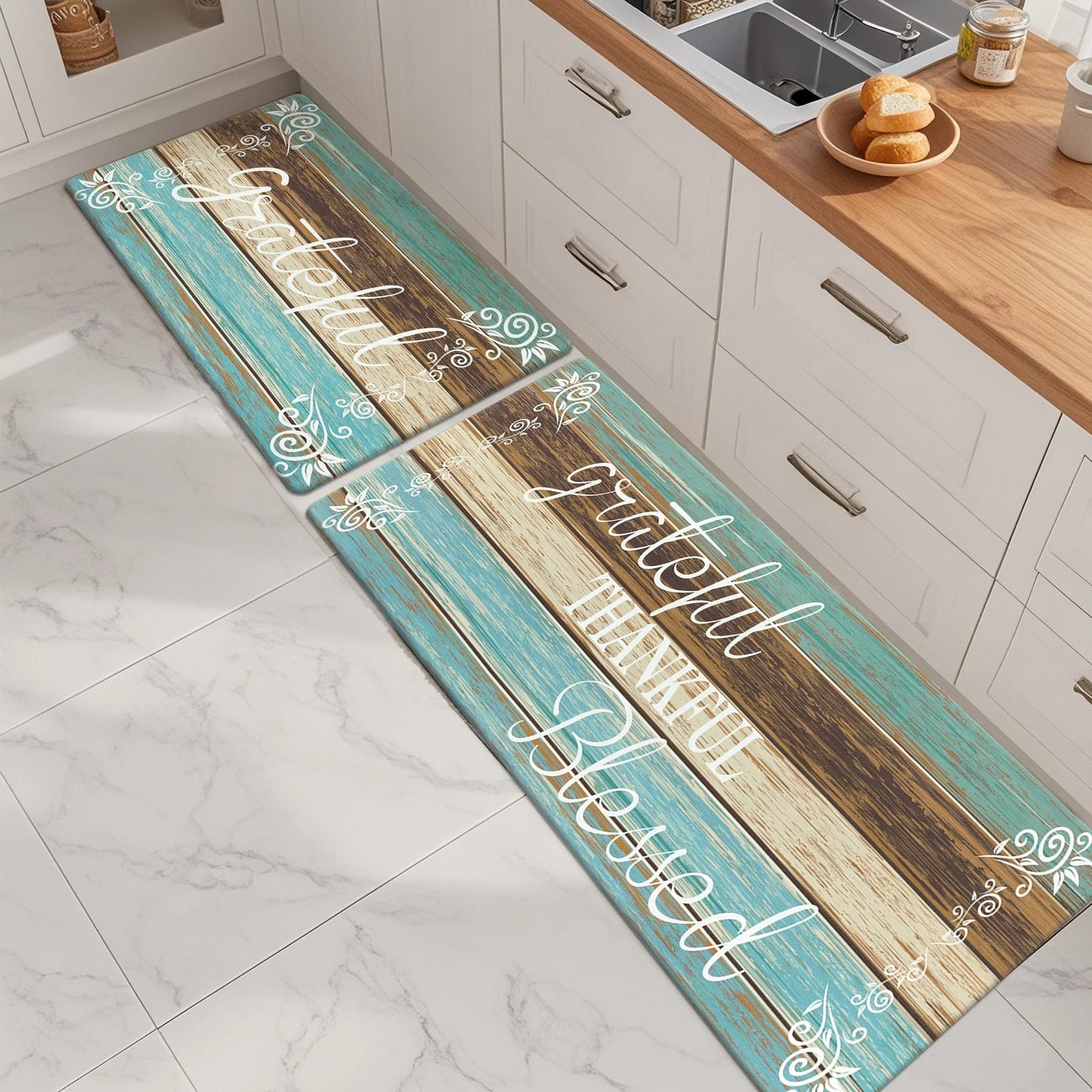HEBE Farmhouse Kitchen Rug Set of 2, Non-Slip Anti-Fatigue Waterproof Cushioned Mat for Kitchen, Dining & Laundry Room, 18"x30"+18"x48"