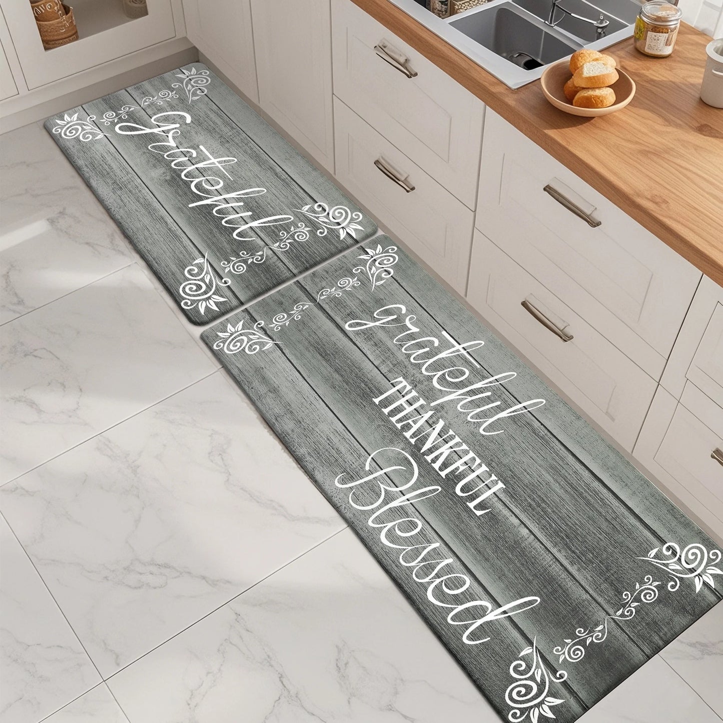 HEBE Farmhouse Kitchen Rug Set of 2, Non-Slip Anti-Fatigue Waterproof Cushioned Mat for Kitchen, Dining & Laundry Room, 18"x30"+18"x48"