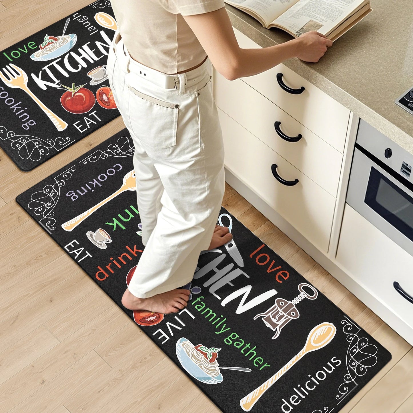 HEBE Farmhouse Kitchen Rug Set of 2, Non-Slip Anti-Fatigue Waterproof Cushioned Mat for Kitchen, Dining & Laundry Room, 18"x30"+18"x48"