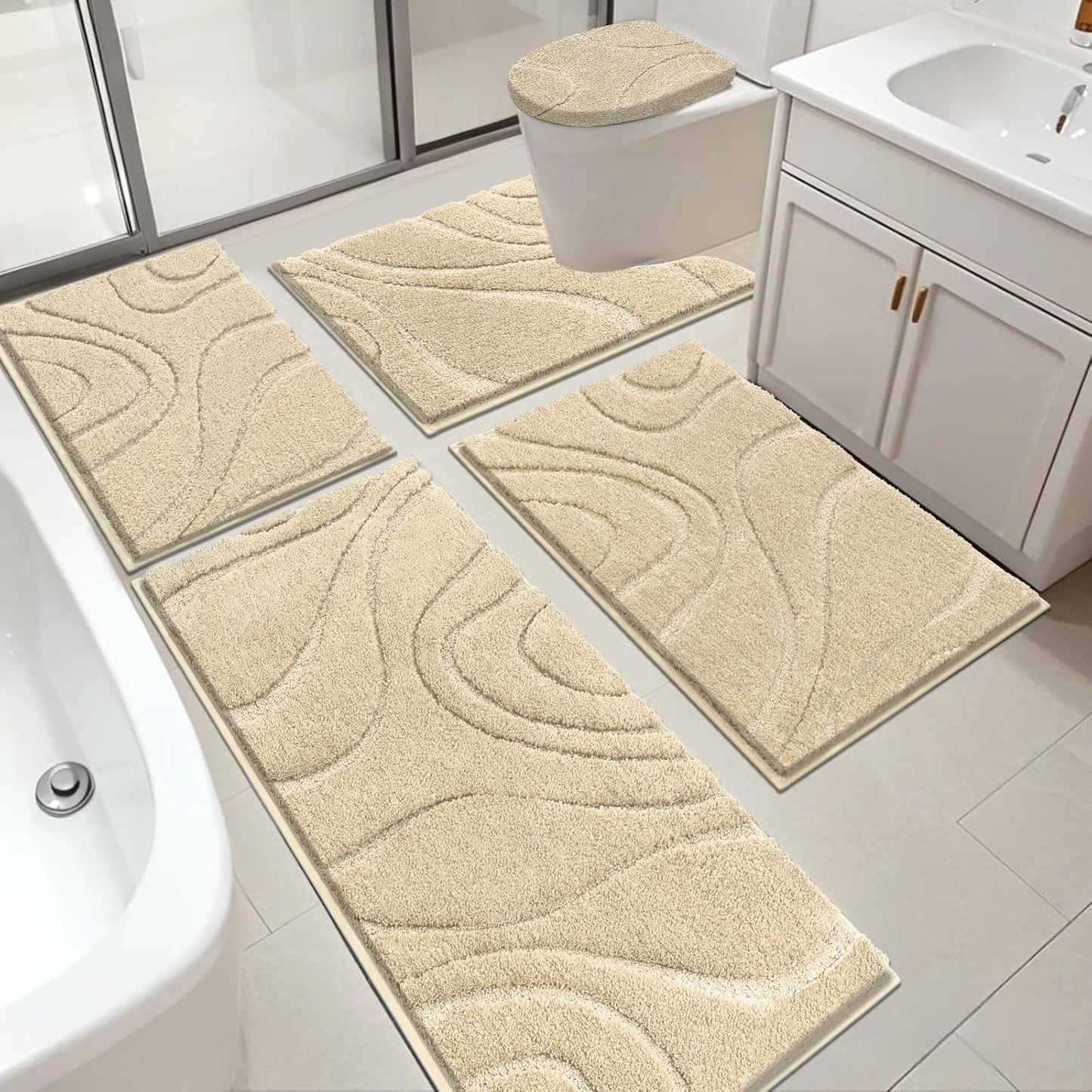 HEBE Bathroom Rugs Sets 5 Piece, Soft Absorbent Microfiber Bath Mat for Bathroom, Non Slip Washable Bath Rug Set with Toilet Cover, Bath Runner and U-Shaped Contour Toilet Rug