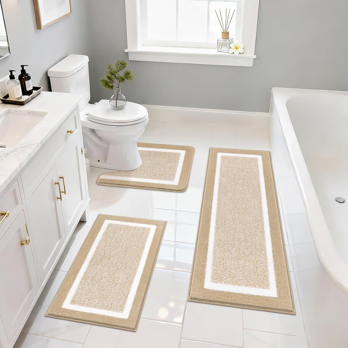 HEBE Bathroom Rug Mat Set 3 Piece, Microfiber Shaggy Bath Set, Non-Slip Ultra Soft Carpet Mats, Absorbent with U-Shaped Toilet for Bathroom, Tub, Shower