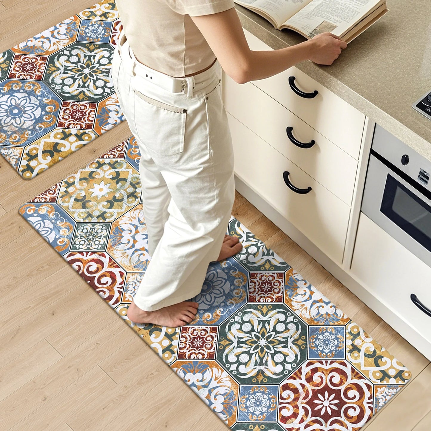 HEBE Boho Kitchen Rug Set of 2, Non-Slip Anti-Fatigue Waterproof Cushioned Mat for Kitchen, Dining & Laundry Room, 18"x30"+18"x48"