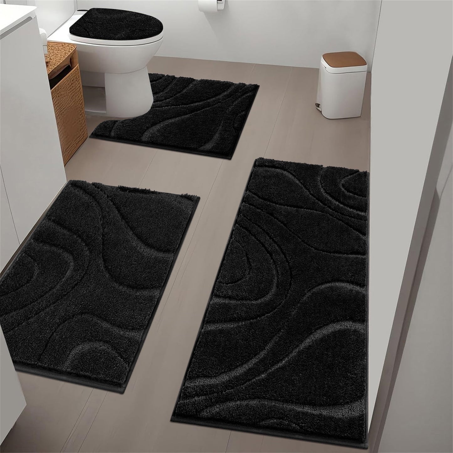 HEBE Bathroom Rugs Sets 4 Piece, Super Soft and Absorbent Non Slip Microfiber Toilet Bathroom Mats