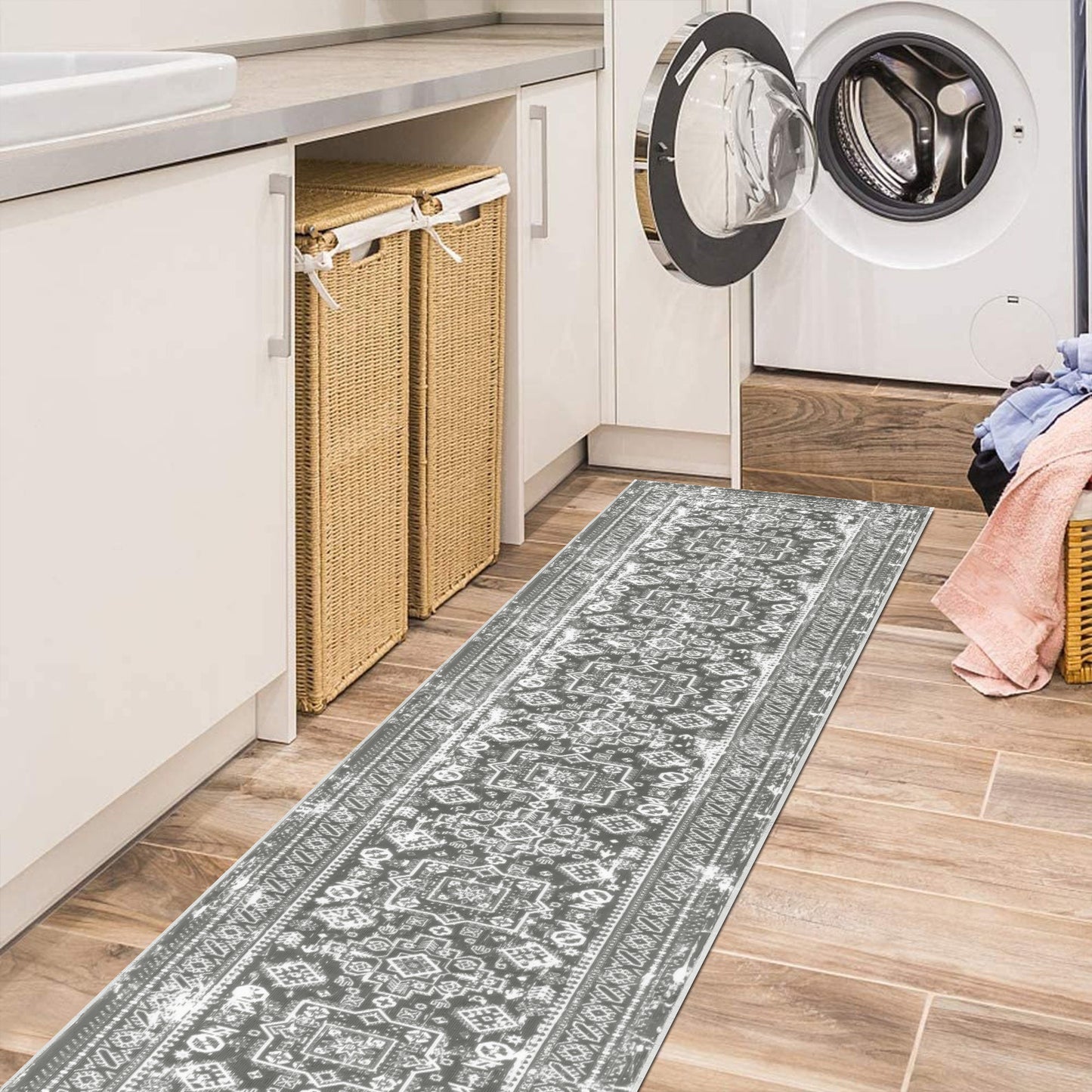 HEBE Hallway Runner Rug 2x10 Washable Rug Runner Non Slip Entryway Rug Floor Carpet Runner for Hallway Bedroom Kitchen Laundry Room, Grey
