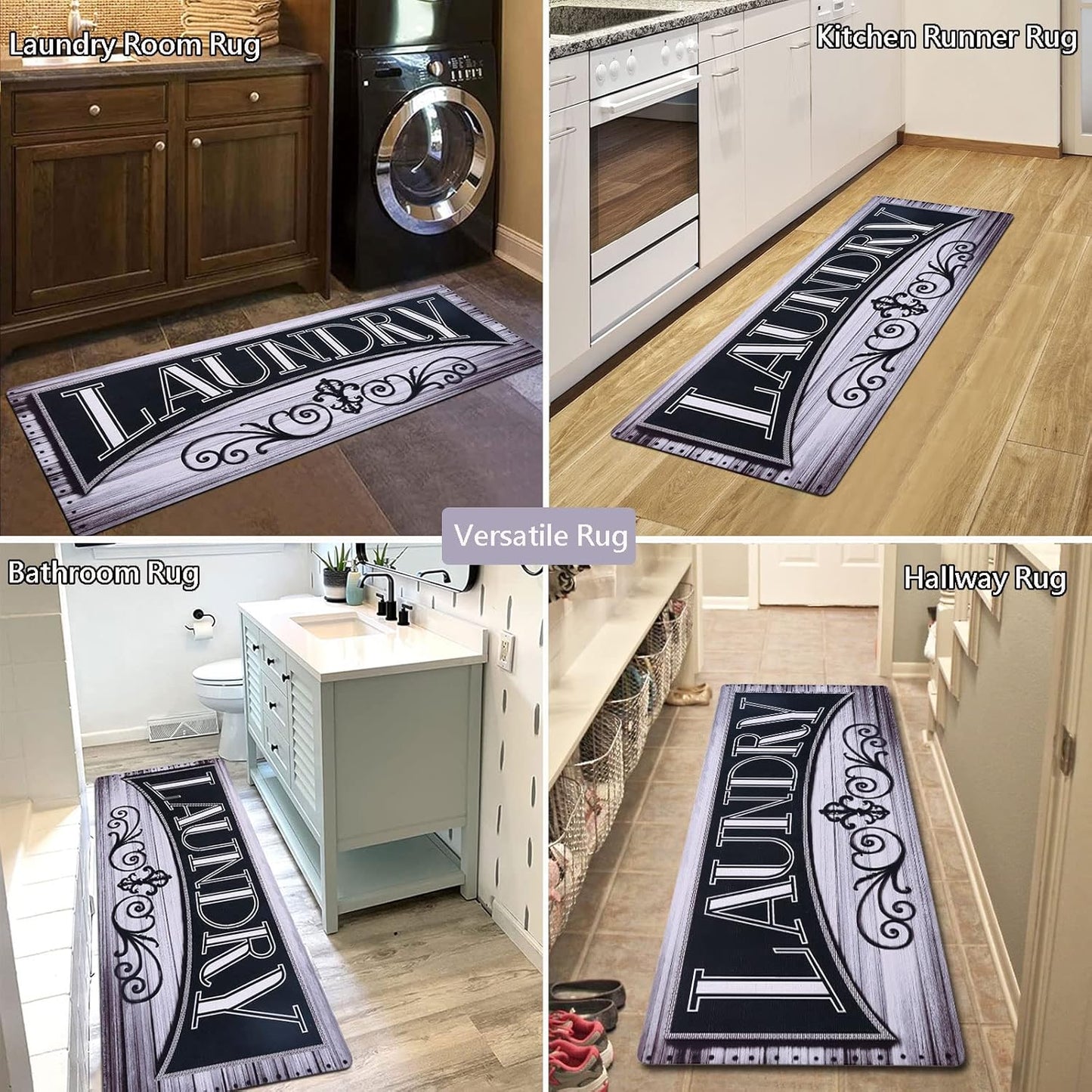 Laundry Room Rug Runner Non-Slip Runner Rug with Rubber Backing Waterproof Stain-Resistant Laundry Rug Farmhouse Laundry Mat Laundry Rugs and Mats (20" x 48", Black & Grayish-White)