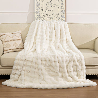 Fleece Throw Blanket for Couch - 550GSM Soft & Warm Fluffy Bubble Faux Rabbit Blanket, Decorative and Giftable Striped Blankets for Couch, Sofa, Bed