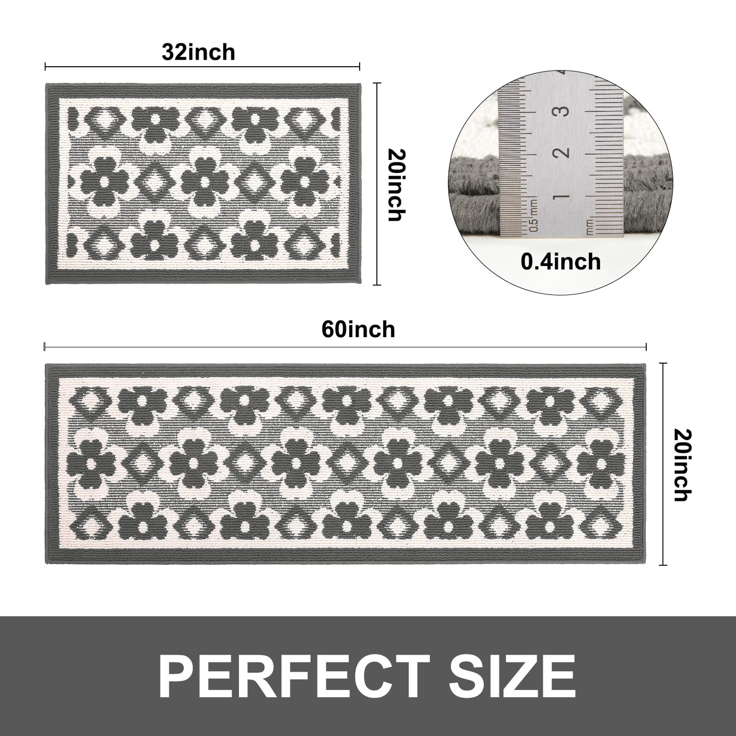 HEBE High-low Pile Non-slip Kitchen Mat Runner Rug (Set of 2--20"x32"+20"x60")