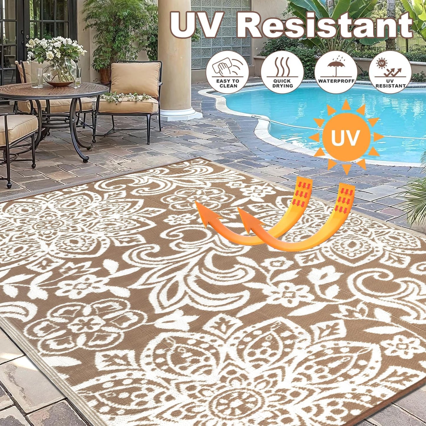 Waterproof Outdoor Rug, Reversible Mandala Outdoor Plastic Straw Rug, Durable Foldable Patio Rug for RV, Deck, Balcony, Backyard, Picnic, Porch, Camping, Beach