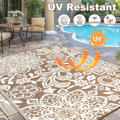 Waterproof Outdoor Rug, Reversible Mandala Outdoor Plastic Straw Rug, Durable Foldable Patio Rug for RV, Deck, Balcony, Backyard, Picnic, Porch, Camping, Beach