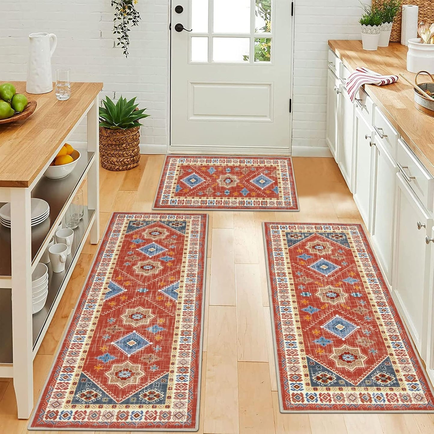 Boho Kitchen Rug Sets 3 Piece with Runner Non Slip Kitchen Rugs and Mats Washable Kitchen Mats for Floor Thick Kitchen Floor Mat Carpet Runner Rugs for Hallway Laundry Holiday Decor