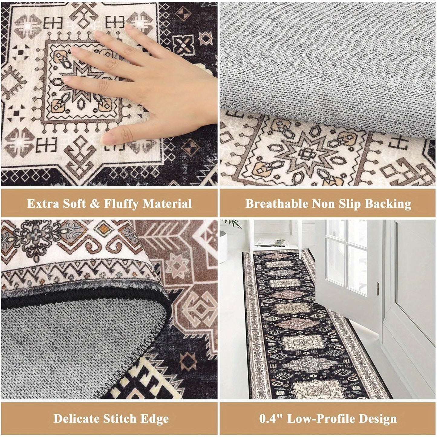 Runner Rug Non-Slip Washable Low-Pile Accent Rug, Vintage Distressed Throw Carpet,   Hallway Kitchen Mat Non-Shedding, Living Room Entryway Foyer Bedroom Area Rug