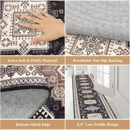 Runner Rug Non-Slip Washable Low-Pile Accent Rug, Vintage Distressed Throw Carpet,   Hallway Kitchen Mat Non-Shedding, Living Room Entryway Foyer Bedroom Area Rug