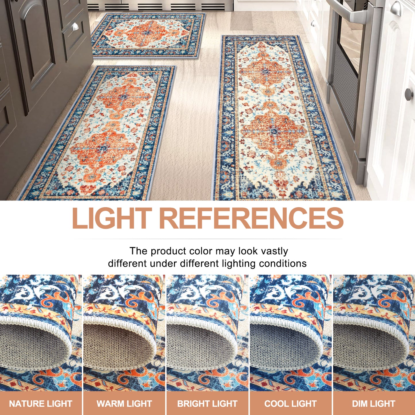 Washable Kitchen Runner Rug Vintage Farmhouse Non Slip Accent Carpet Runner Set of 3 Grey