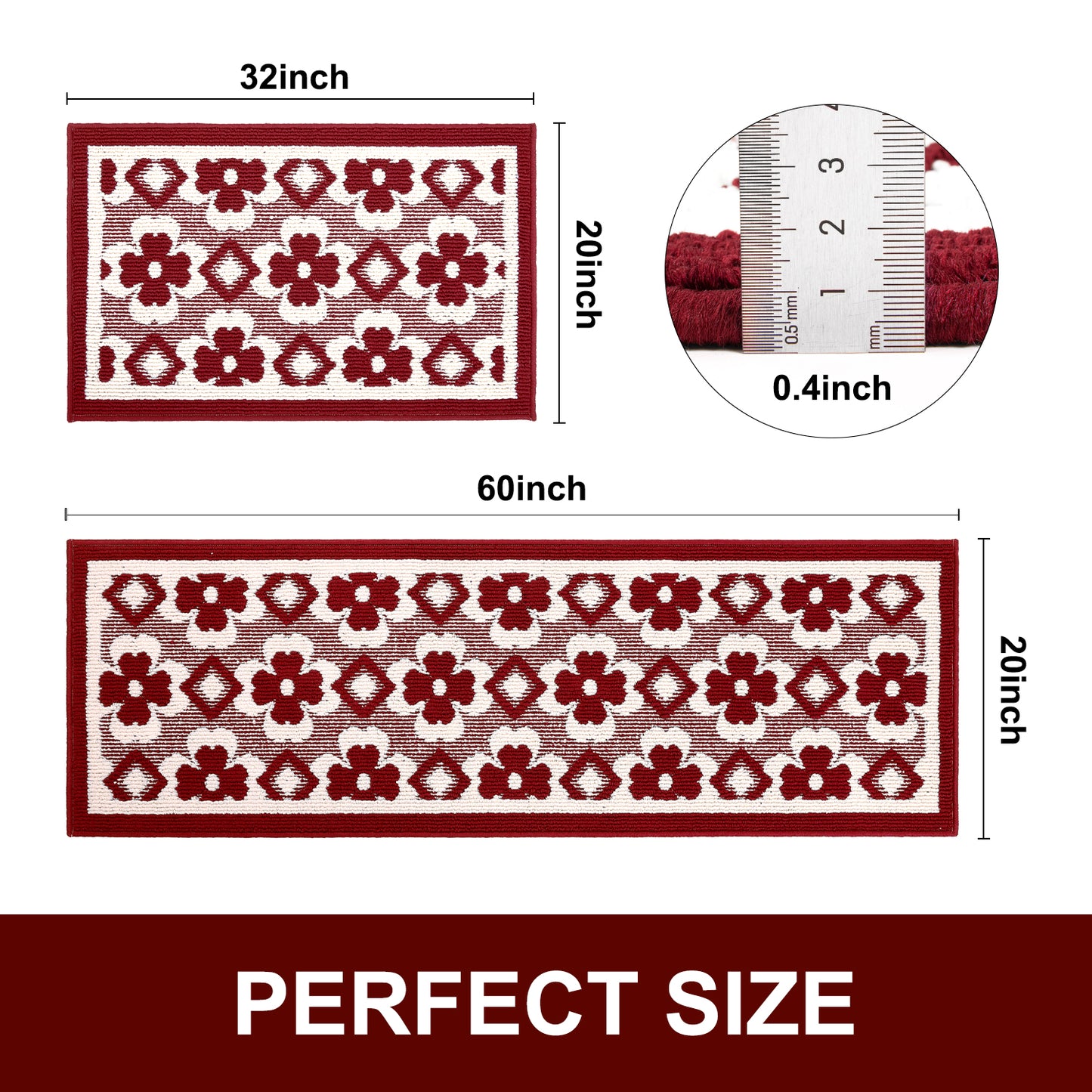 HEBE High-low Pile Non-slip Kitchen Mat Runner Rug (Set of 2--20"x32"+20"x60")