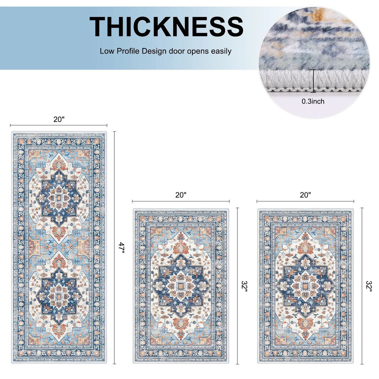 HEBE 3pcs Kitchen Rugs Set,Washable Boho Farmhouse Kitchen Mats