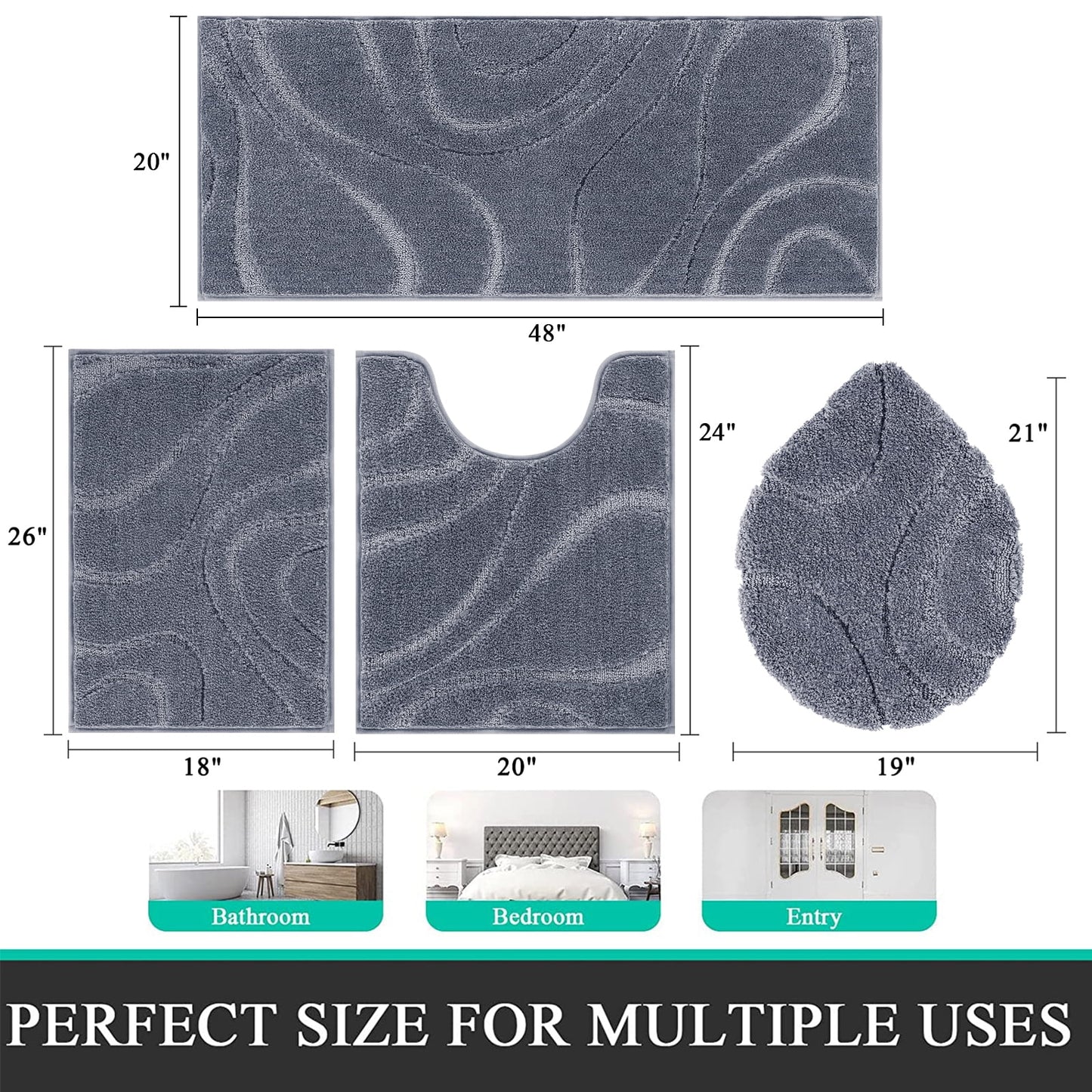 HEBE Bathroom Rugs Sets 4 Piece, Super Soft and Absorbent Non Slip Microfiber Toilet Bathroom Mats