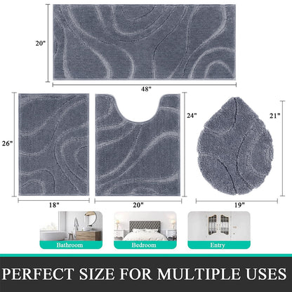 HEBE Bathroom Rugs Sets 4 Piece, Super Soft and Absorbent Non Slip Microfiber Toilet Bathroom Mats