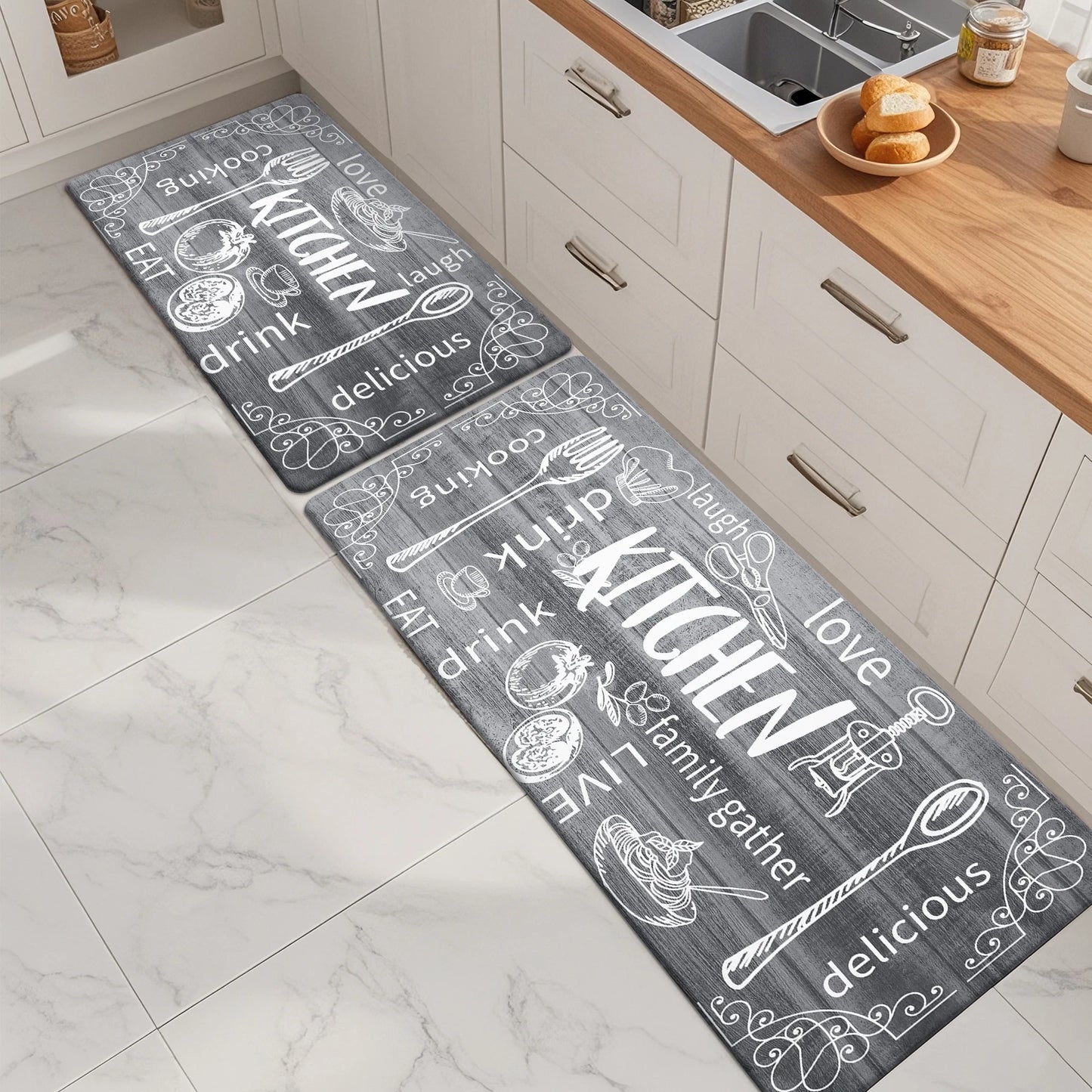 HEBE Farmhouse Kitchen Rug Set of 2, Non-Slip Anti-Fatigue Waterproof Cushioned Mat for Kitchen, Dining & Laundry Room, 18"x30"+18"x48"