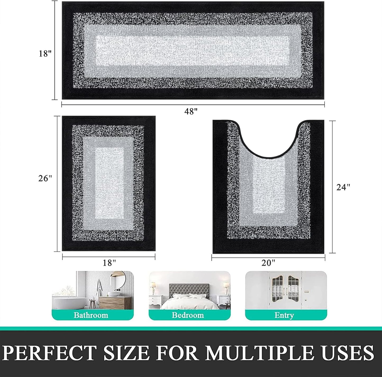 HEBE Microfiber Bathroom Rugs Sets 3 Piece, Non Slip Bath Rugs for Bathroom, Absorbent Plush Shaggy Bath Mat with U-Shaped Contour Toilet Mat Machine Washable