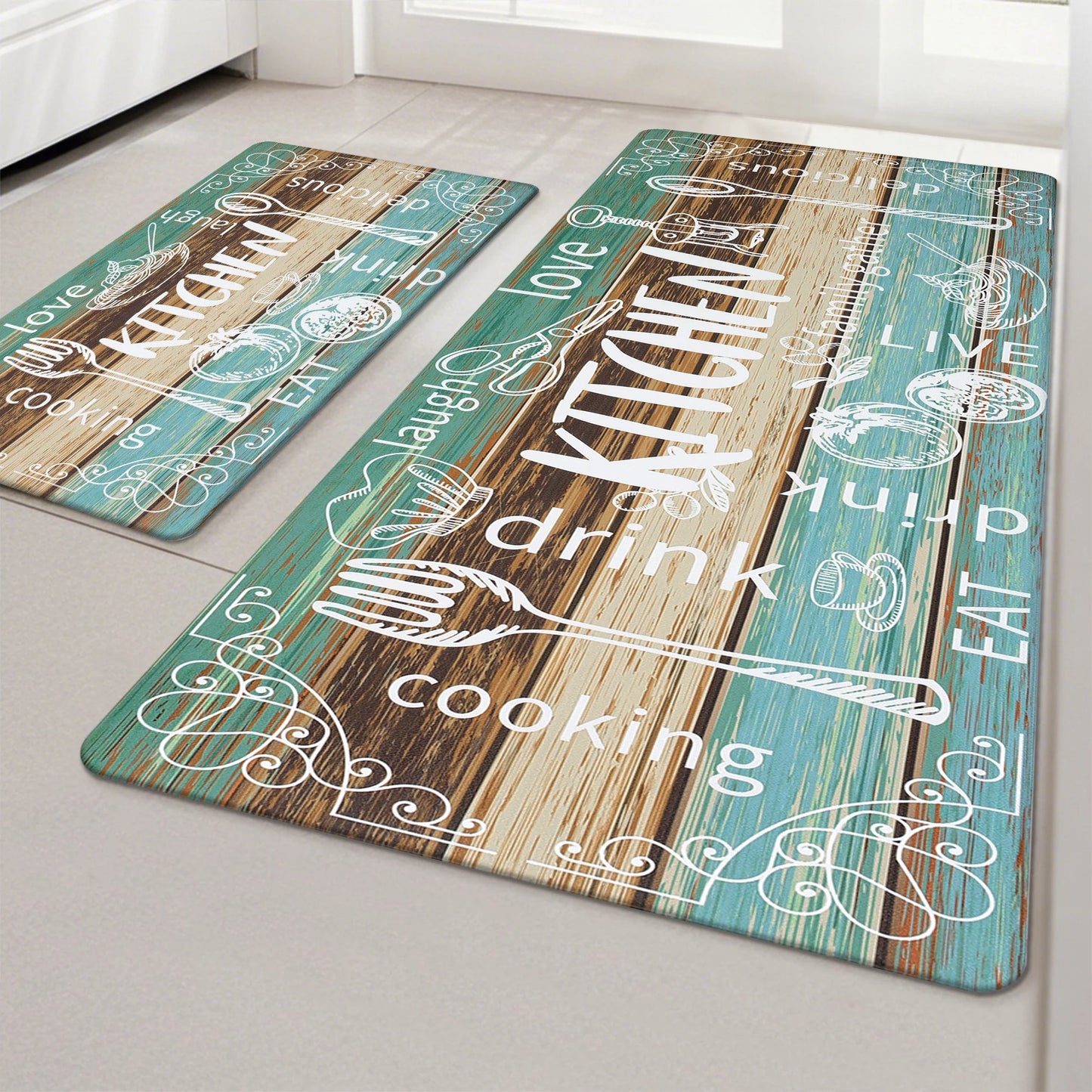 HEBE Farmhouse Kitchen Rug Set of 2, Non-Slip Anti-Fatigue Waterproof Cushioned Mat for Kitchen, Dining & Laundry Room, 18"x30"+18"x48"