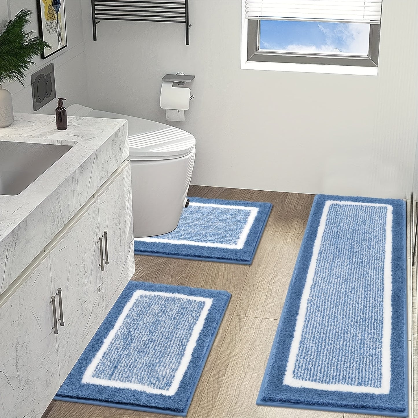 Bathroom Rug Set 3 Piece Non Slip Absorbent Bath Mats Set Microfiber Soft Bathroom Mat Plush Shaggy Bath Rugs Includes U-Shaped Toilet Mat for Bath Floor, Shower