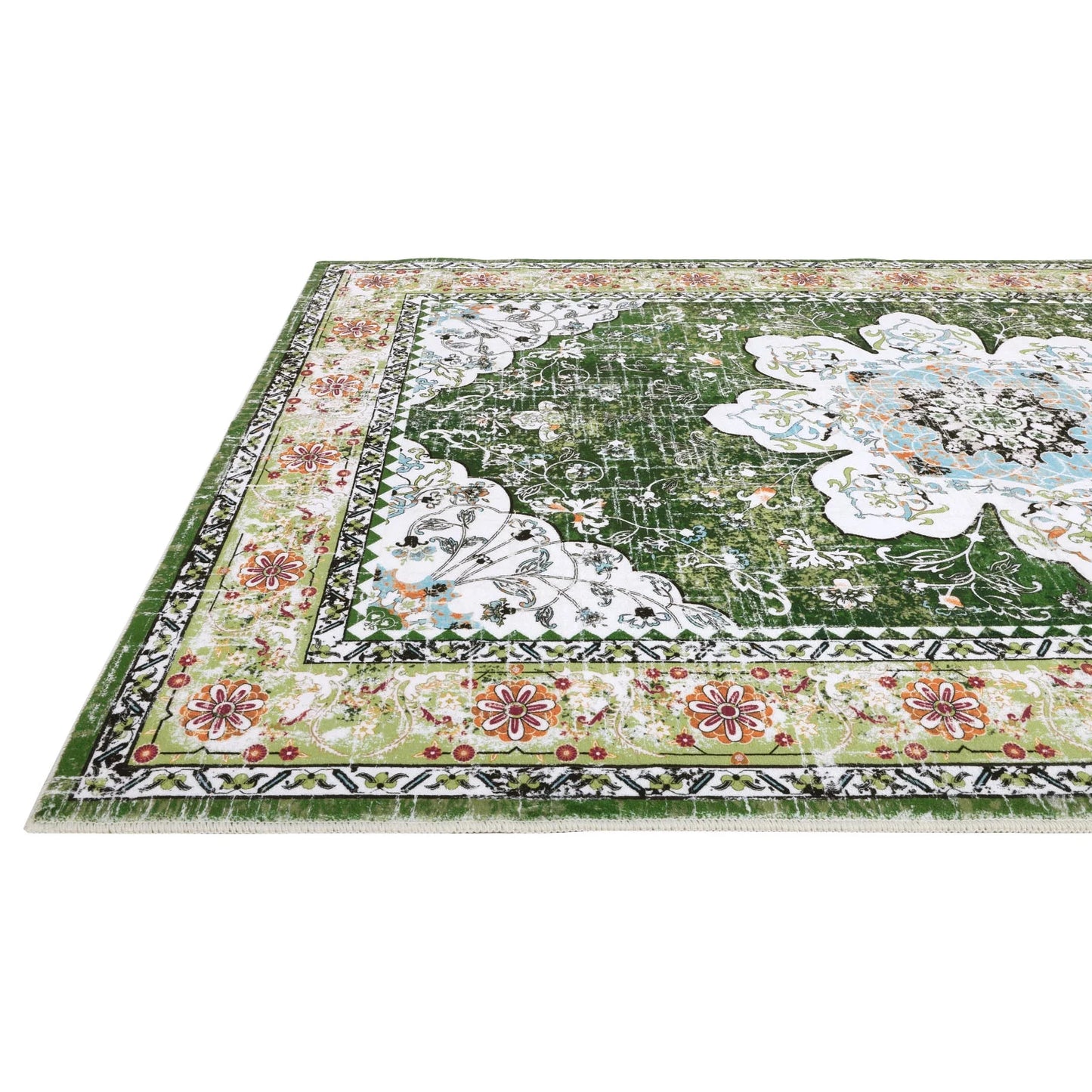 HEBE Bohemian Vintage Area Rug Machine Washable Low-Pile Accent Carpet, Non-Shedding Non-Slip Living Room Floor Throw Rugs for Bedroom,Dining Room,Kids Playroom,Rv,Office(Green)