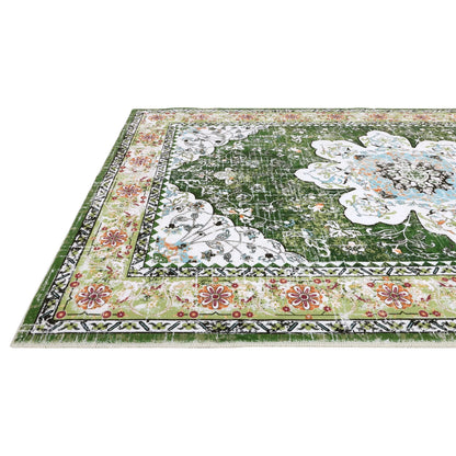HEBE Bohemian Vintage Area Rug Machine Washable Low-Pile Accent Carpet, Non-Shedding Non-Slip Living Room Floor Throw Rugs for Bedroom,Dining Room,Kids Playroom,Rv,Office(Green)