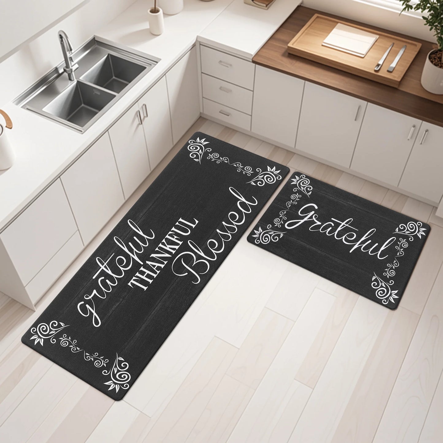 HEBE Farmhouse Kitchen Rug Set of 2, Non-Slip Anti-Fatigue Waterproof Cushioned Mat for Kitchen, Dining & Laundry Room, 18"x30"+18"x48"