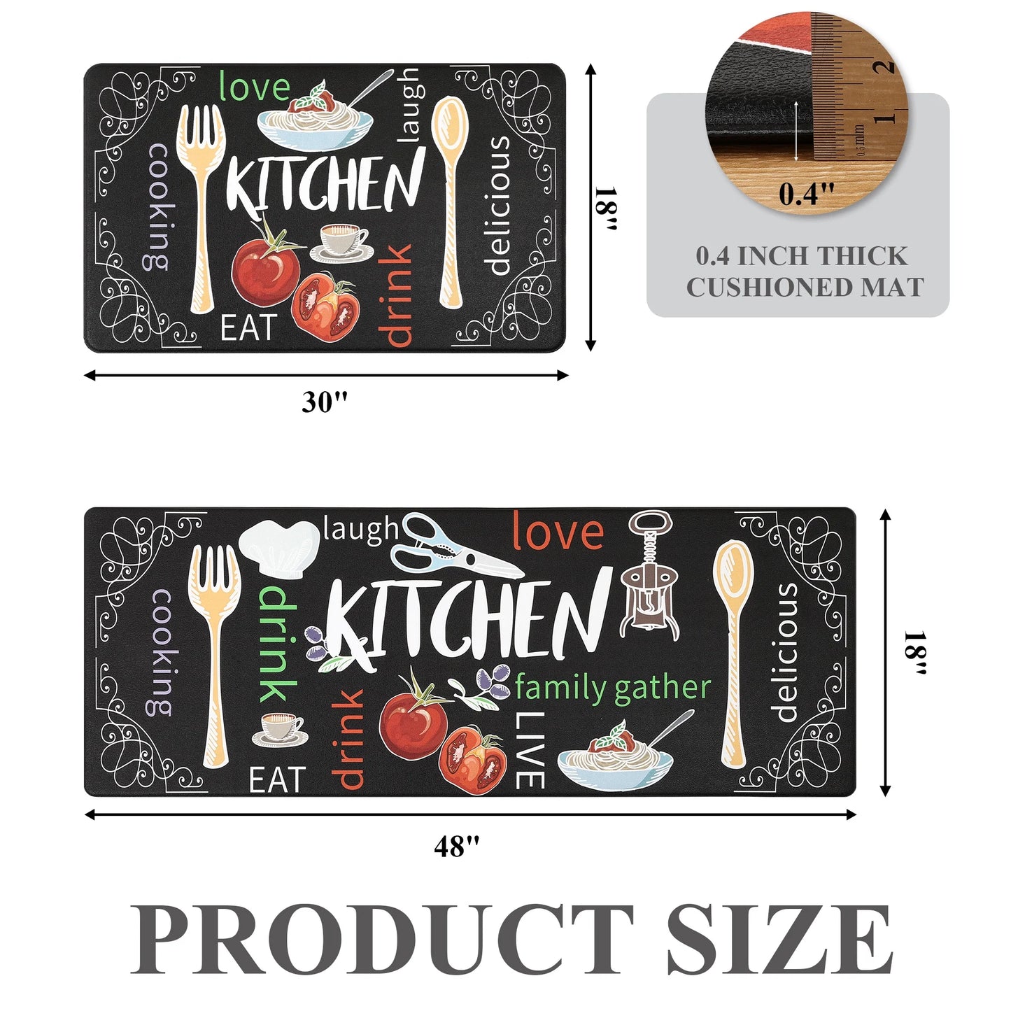 HEBE Farmhouse Kitchen Rug Set of 2, Non-Slip Anti-Fatigue Waterproof Cushioned Mat for Kitchen, Dining & Laundry Room, 18"x30"+18"x48"