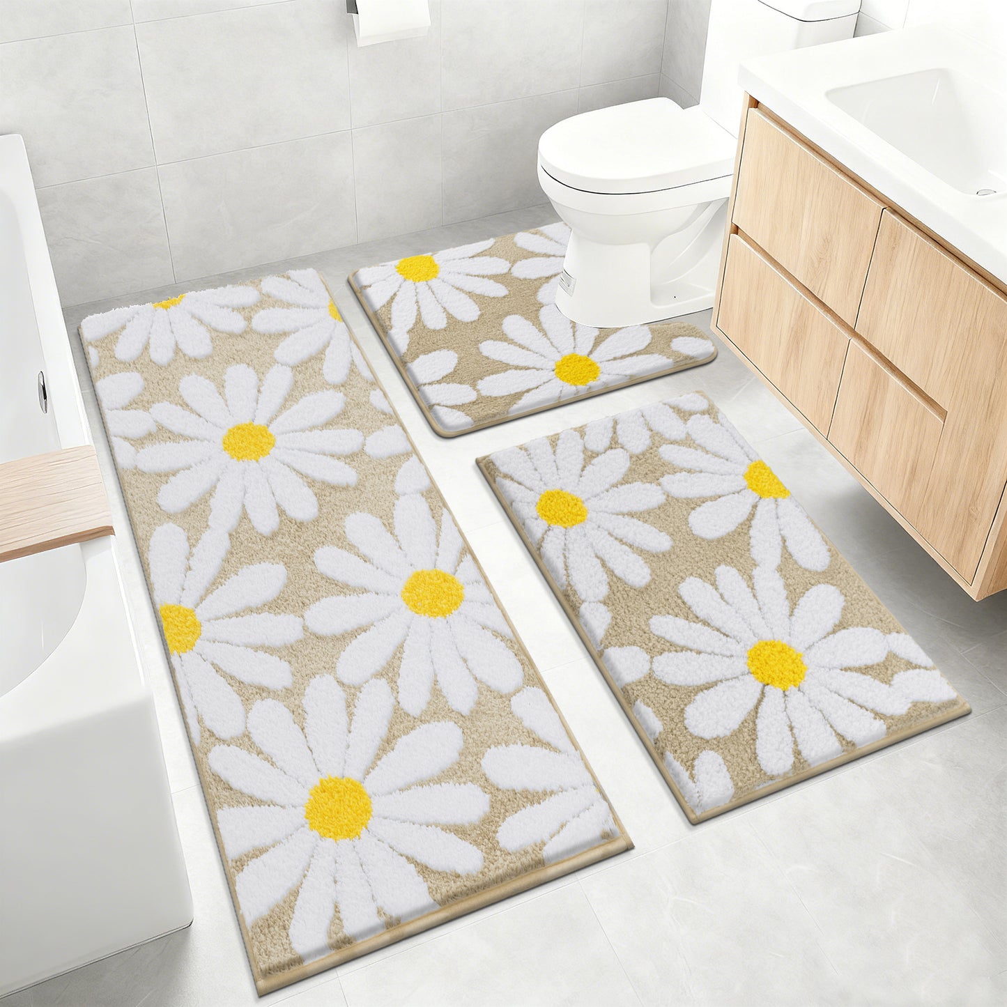 HEBE Boho Bathroom Rugs Set 3 Piece, Non Slip Washable Bath Mat Set
