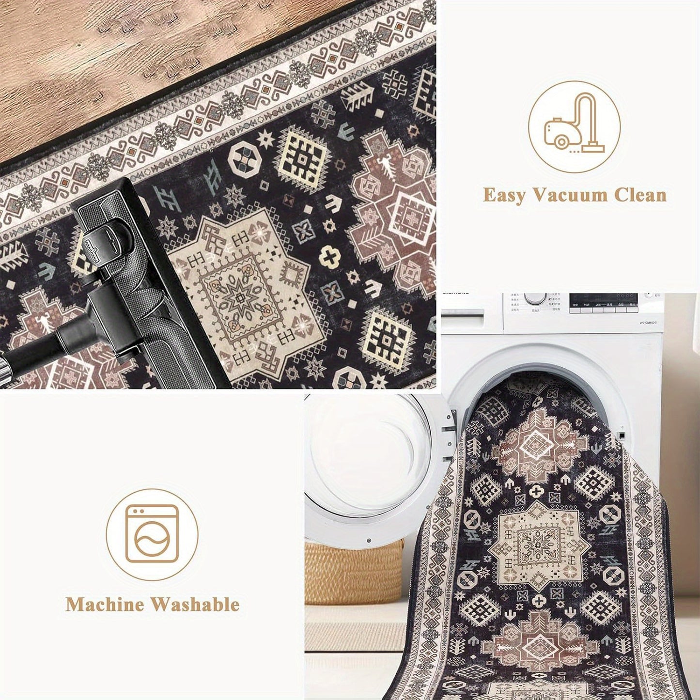 Runner Rug Non-Slip Washable Low-Pile Accent Rug, Vintage Distressed Throw Carpet,   Hallway Kitchen Mat Non-Shedding, Living Room Entryway Foyer Bedroom Area Rug