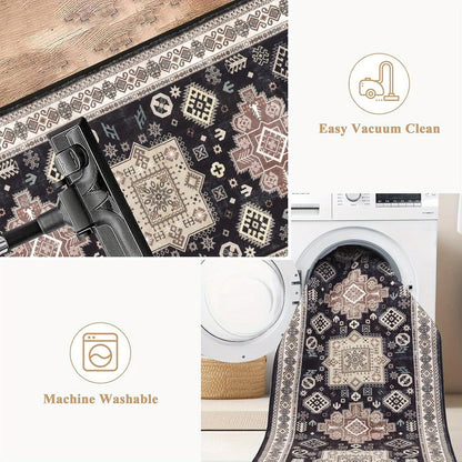 Runner Rug Non-Slip Washable Low-Pile Accent Rug, Vintage Distressed Throw Carpet,   Hallway Kitchen Mat Non-Shedding, Living Room Entryway Foyer Bedroom Area Rug