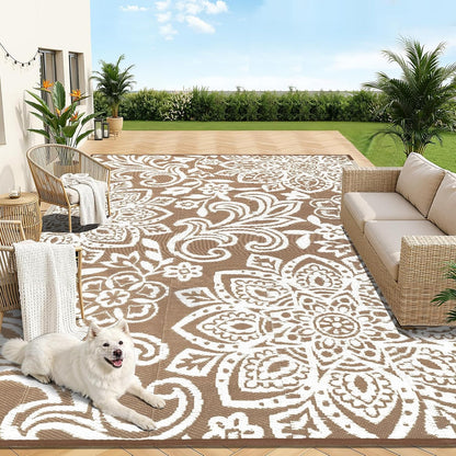 Waterproof Outdoor Rug, Reversible Mandala Outdoor Plastic Straw Rug, Durable Foldable Patio Rug for RV, Deck, Balcony, Backyard, Picnic, Porch, Camping, Beach