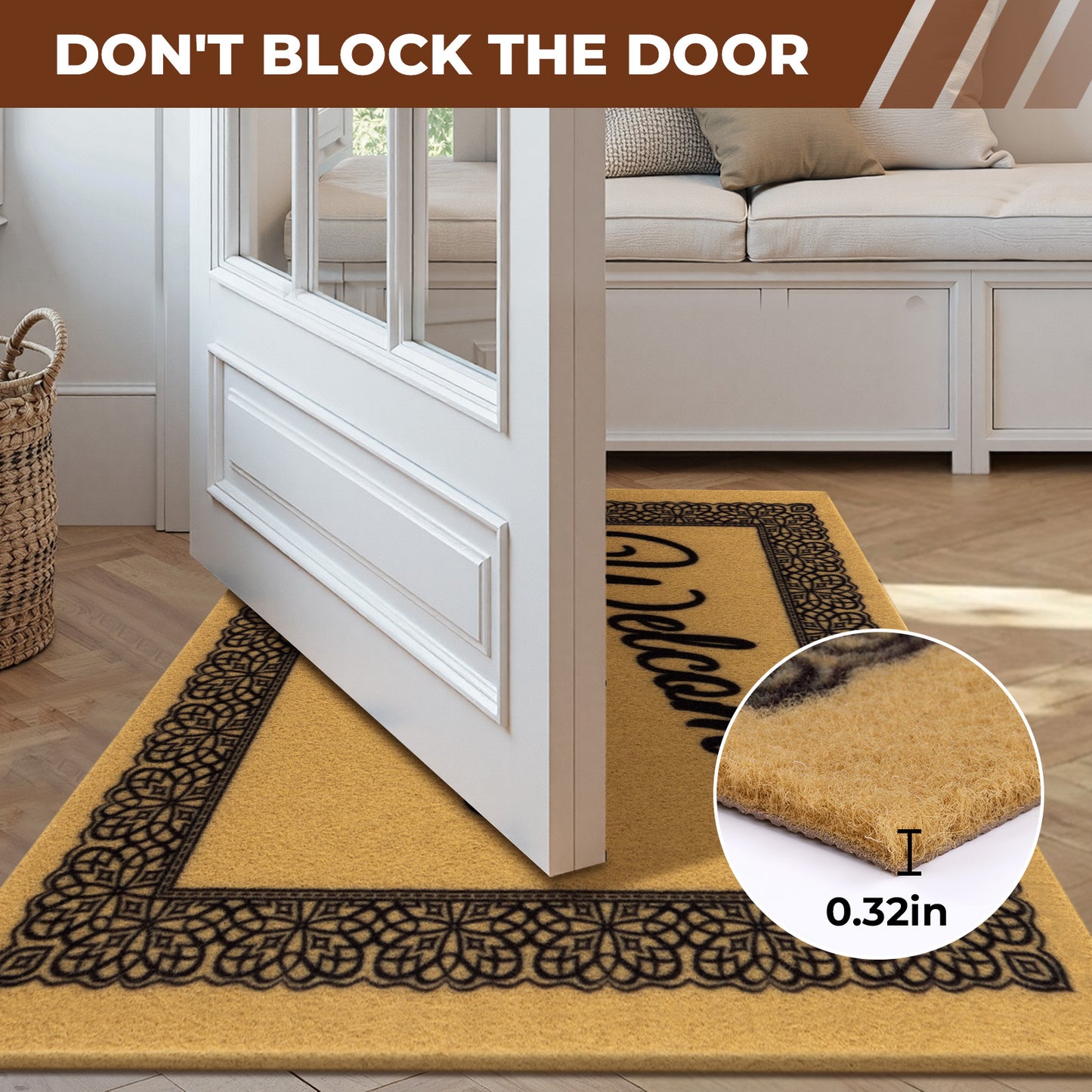 Synthetic Coco Coir Welcome Mat with Heavy Duty Backing, Anti-Slip Coconut Door Mat Outside Entrance, Welcome Doormat for Front Door, Porch, Entry, Patio, Garden, Garage, Mudroom