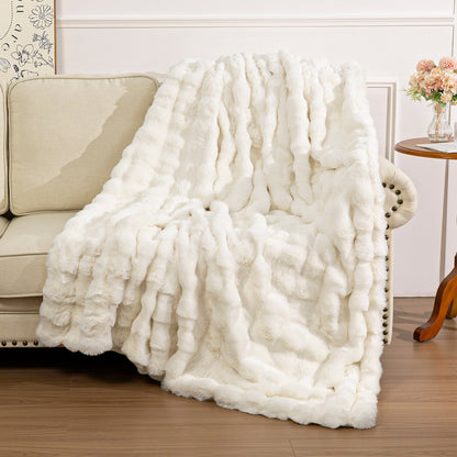 Fleece Throw Blanket for Couch - 550GSM Soft & Warm Fluffy Bubble Faux Rabbit Blanket, Decorative and Giftable Striped Blankets for Couch, Sofa, Bed