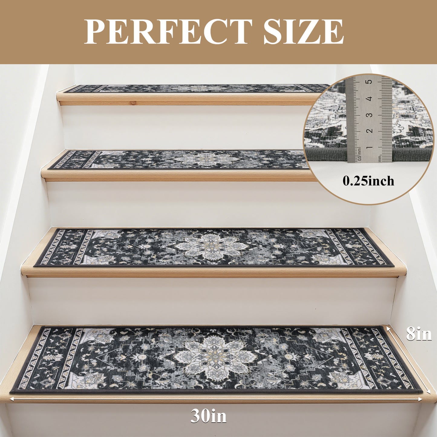 HEBE Carpet Stair Treads for Wooden Steps Indoor 15 Pack 8" X 30" Non Slip Self Adhesive Stairway Carpet Reusable Staircase Step Treads Edging Stair Rugs Runner for Kids and Pets