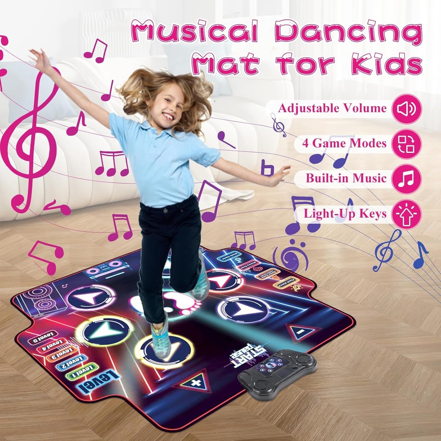 Dance Mat for Kids 1 Player,2 Player, Musical Dance Game Pad with LED Lights, Educational Dancing Playmat Toys for Girls Boys Ages 3-12, Portable Non-Slip Dance Floor Mat, Birthday, Blue Pink