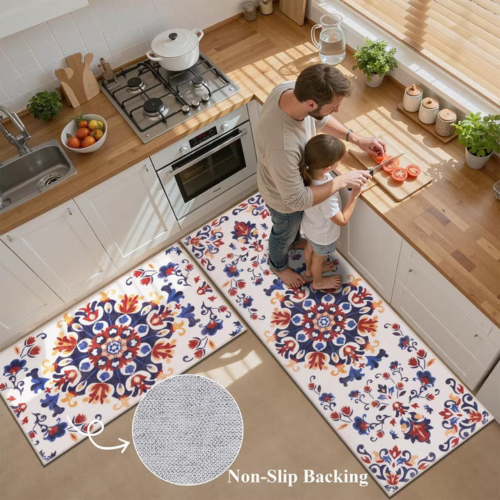 HEBE 3pcs Washable Kitchen Rug Set,Non-Slip Floral Boho Kitchen Mats Kitchen Runner Rug Floor Carpet 20"x32"+20"x48"+20"x59"