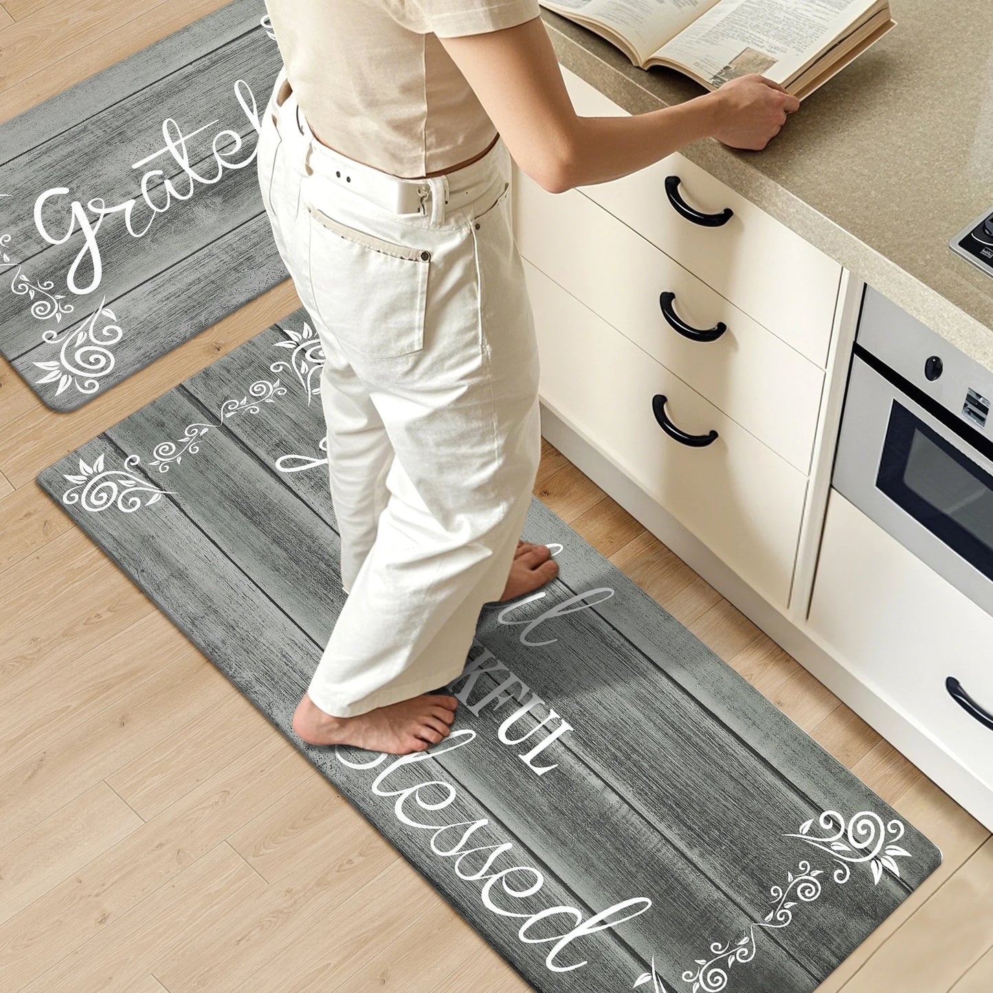 HEBE Farmhouse Kitchen Rug Set of 2, Non-Slip Anti-Fatigue Waterproof Cushioned Mat for Kitchen, Dining & Laundry Room, 18"x30"+18"x48"