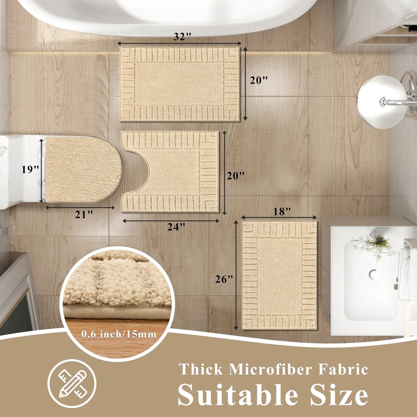 HEBE Bathroom Rugs Set of 4 Piece, Bath Mats, Microfiber Non Slip Shaggy Ultra Soft Bathroom Runner with U Shaped Contour Toilet Mat for Bathroom, Shower Inside Floor, Beige