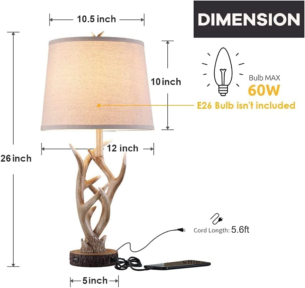 Rustic Western Table Lamp Set of 2, 26" Farmhouse Bedside Lamp for Bedroom with 2 USB Ports