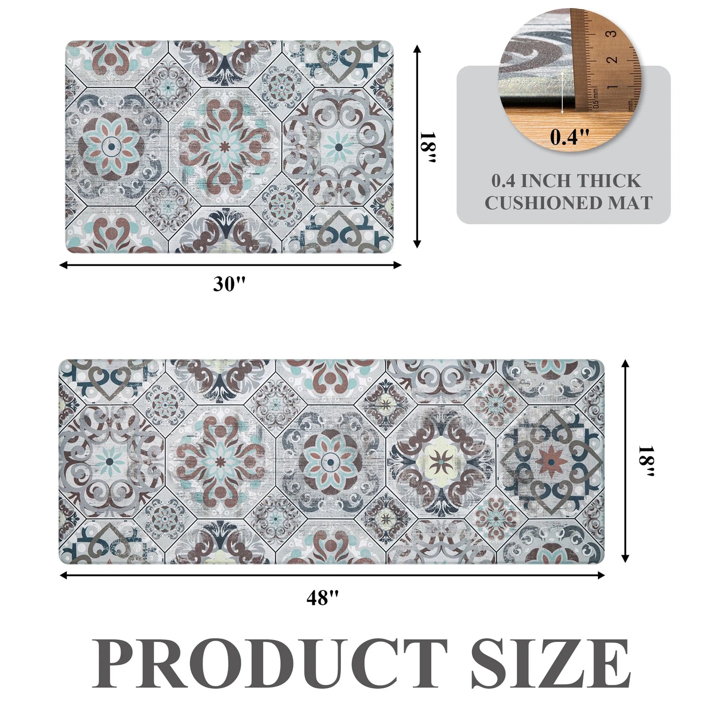 HEBE Boho Kitchen Rug Set of 2, Non-Slip Anti-Fatigue Waterproof Cushioned Mat for Kitchen, Dining & Laundry Room, 18"x30"+18"x48"