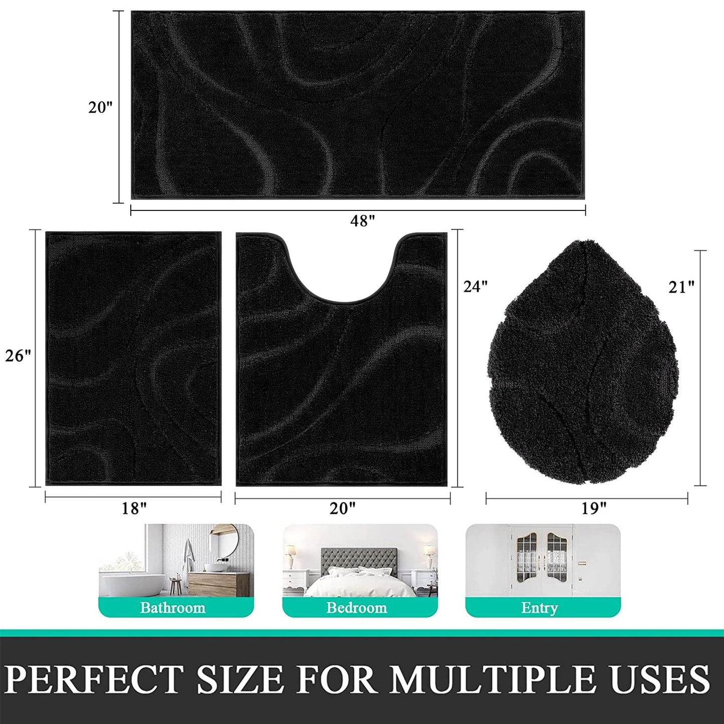 HEBE Bathroom Rugs Sets 4 Piece, Super Soft and Absorbent Non Slip Microfiber Toilet Bathroom Mats