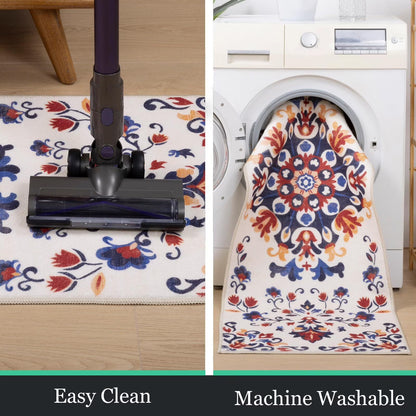 HEBE 3pcs Washable Kitchen Rug Set,Non-Slip Floral Boho Kitchen Mats Kitchen Runner Rug Floor Carpet 20"x32"+20"x48"+20"x59"