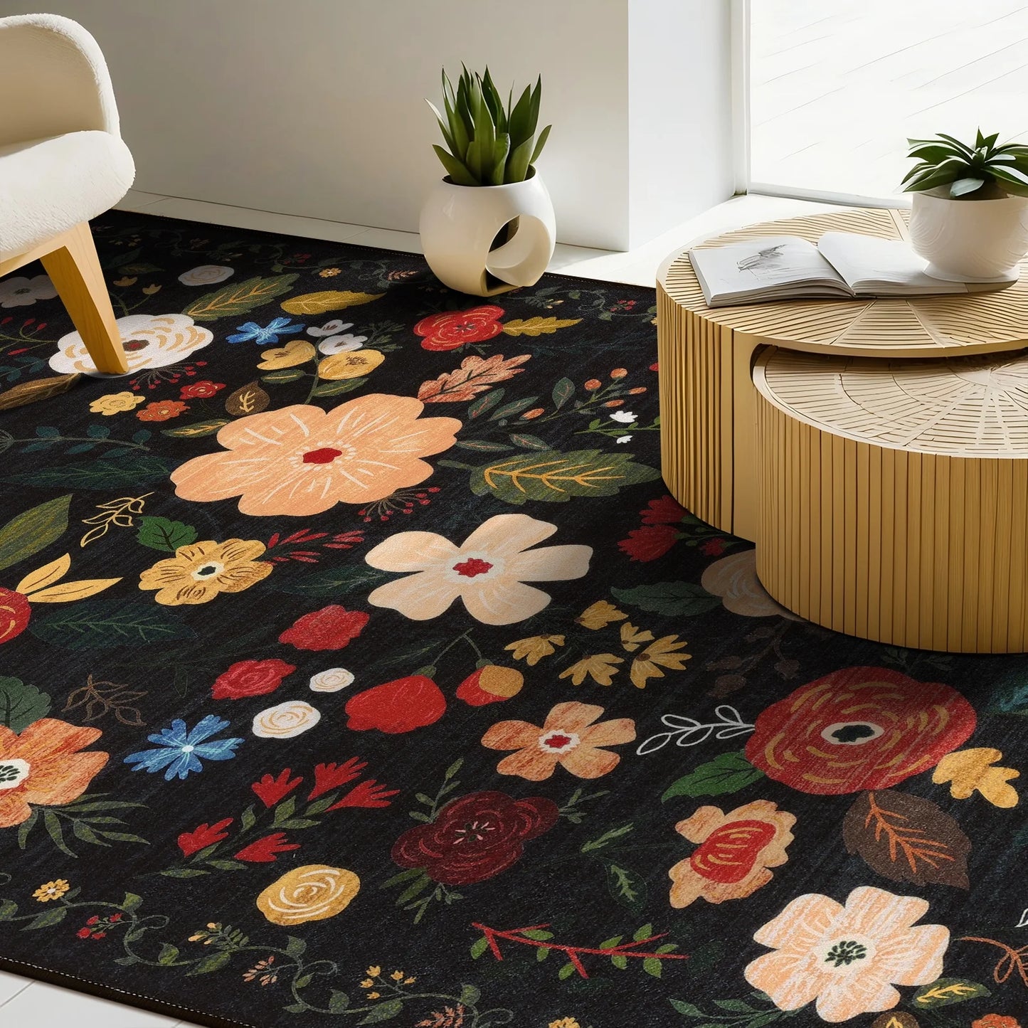HEBE 5x7 ft Living Room Area Rug Machine Washable Boho Area Rug Non Slip Floral Vintage Low Pile Large Rug for Living Room, Bedroom, Farmhouse, Dining Room, Kids Playroom