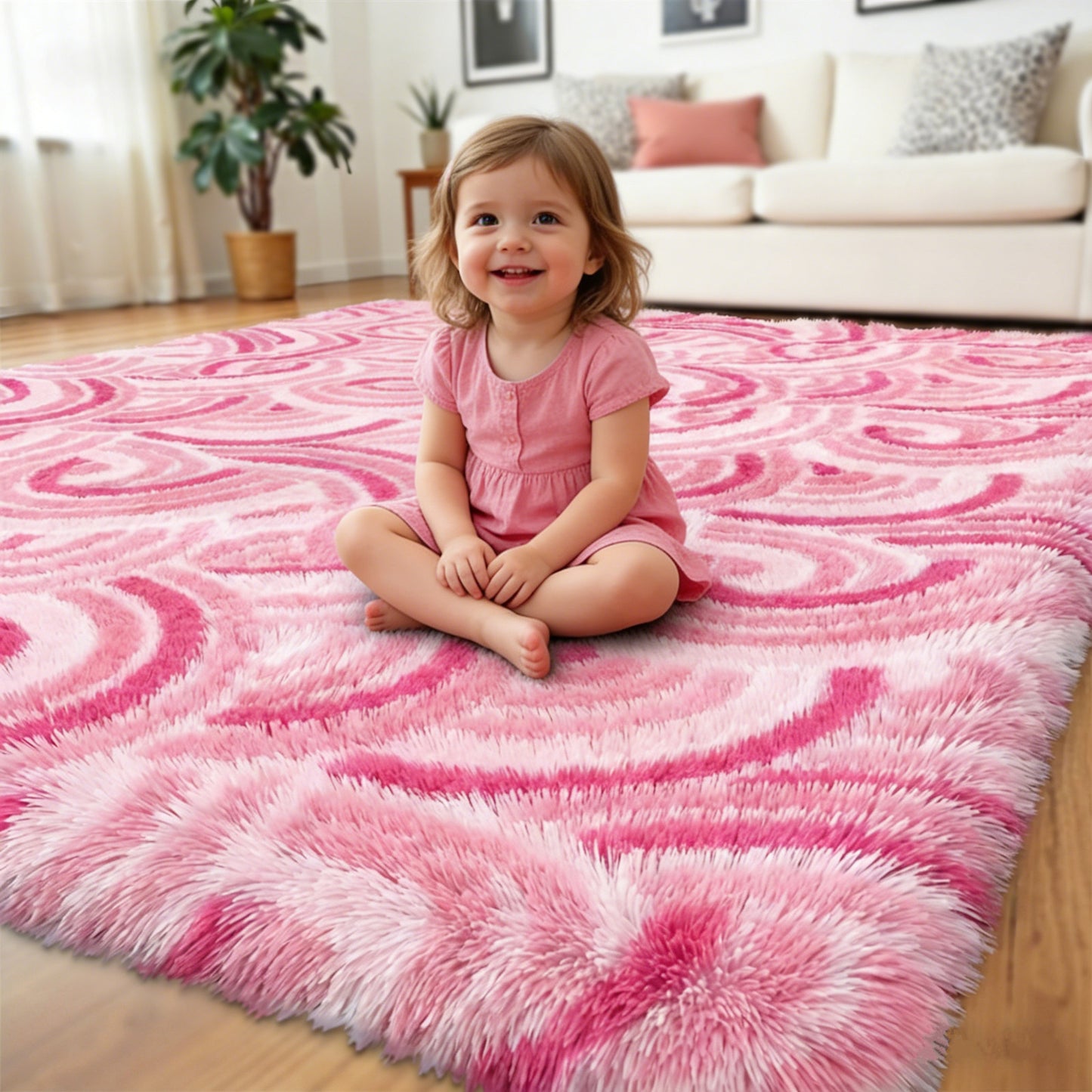 HEBE Fluffy Area Rug for Bedroom Cute Pink Furry Carpet Extra Soft Shag Washable Rugs