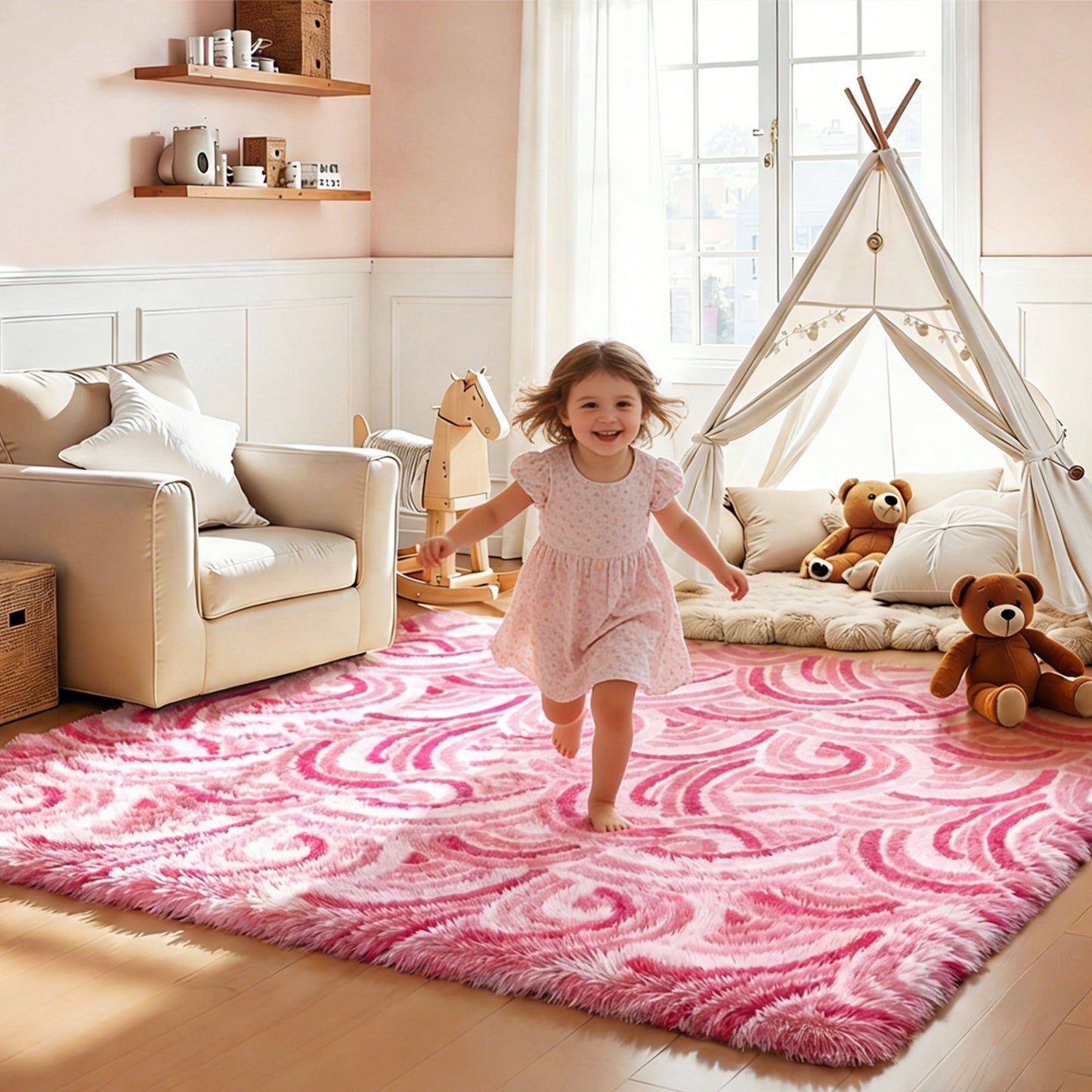 HEBE Fluffy Area Rug for Bedroom Cute Pink Furry Carpet Extra Soft Shag Washable Rugs